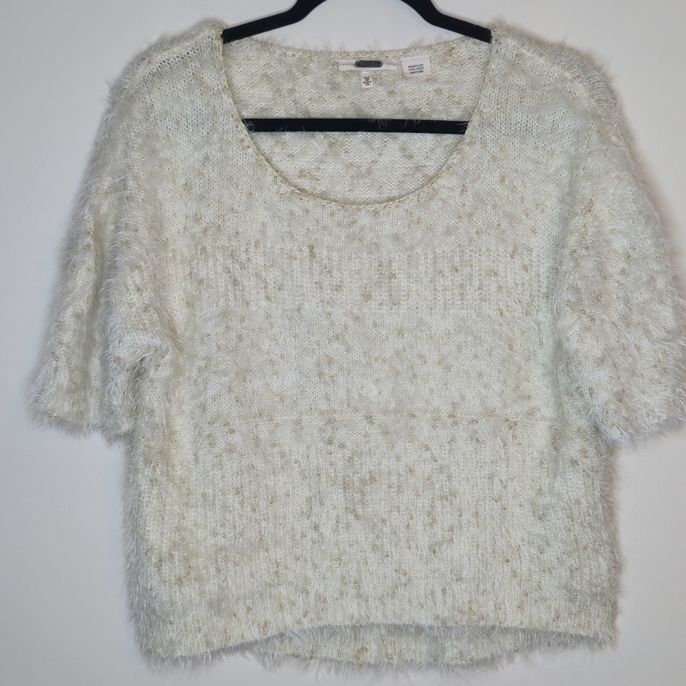 Miss Me Metallic Eyelash Knit Short Sleeve Sweater Gold and Cream
